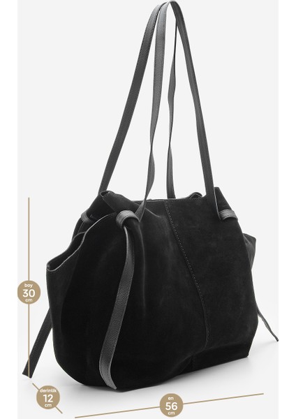Kadın Hakiki Deri Shopper El ve Omuz Çantası Yorita Siyah Süet