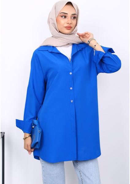 Saks Mavi Düz Terikoton Salaş Gömlek