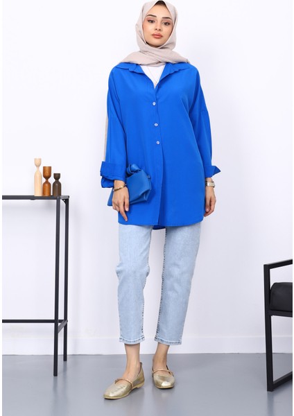 Saks Mavi Düz Terikoton Salaş Gömlek fiyatları