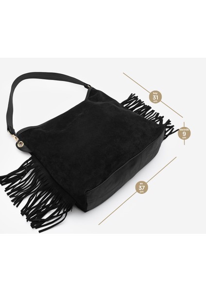 Kadın Hakiki Deri Püskül Detaylı El ve Omuz Çantası Soliga