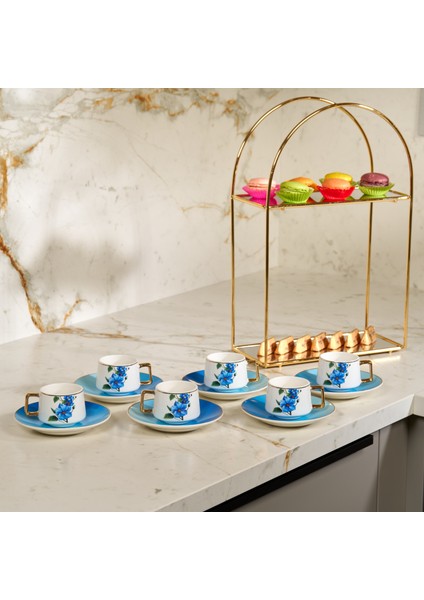 Türk Kahve Fincanı Mavi Çiçek Desenli Altın Kulplu 6 Kişilik 12 Parça
