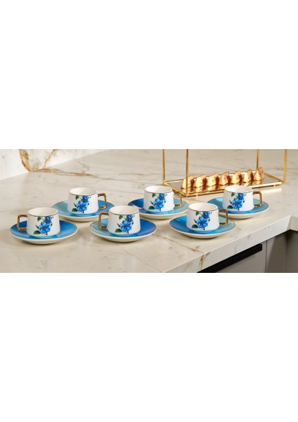 Türk Kahve Fincanı Mavi Çiçek Desenli Altın Kulplu 6 Kişilik 12 Parça fiyatları
