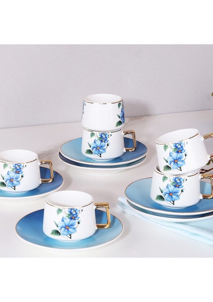 Türk Kahve Fincanı Mavi Çiçek Desenli Altın Kulplu 6 Kişilik 12 Parça modelleri