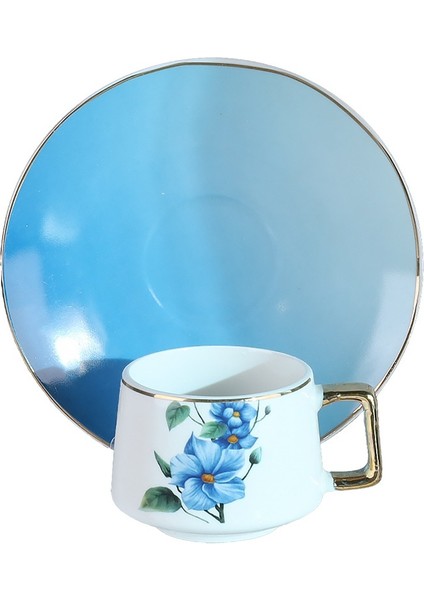 Türk Kahve Fincanı Mavi Çiçek Desenli Altın Kulplu 6 Kişilik 12 Parça fırsatları
