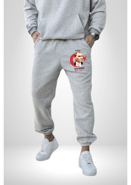 30 Ağustos Zafer Bayramı ve Atatürk Ay Yıldız Erkek Kadın Gri Lastikli Bel Paca Eşofman Altı