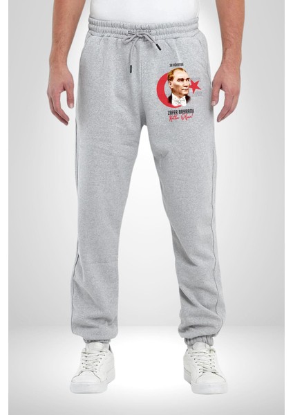 30 Ağustos Zafer Bayramı ve Atatürk Ay Yıldız Erkek Kadın Gri Lastikli Bel Paca Eşofman Altı modelleri