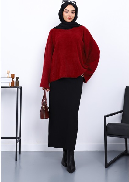 Bordo Bisiklet Yaka Oversize Angora Yumoş Triko Kazak fiyatları