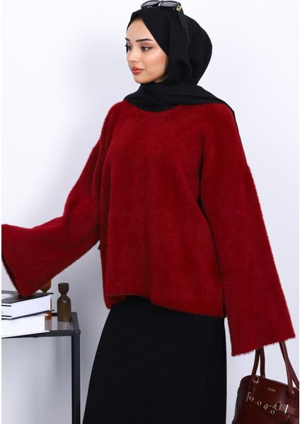 Bordo Bisiklet Yaka Oversize Angora Yumoş Triko Kazak modelleri