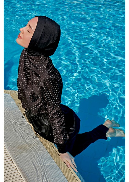 Remsa Paraşüt Önü Kapaklı Tam Kapalı Tesettür Mayo R045 Siyah Monogram