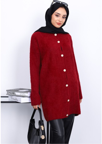 Bordo Düğmeli Angora Yumoş Triko Hırka