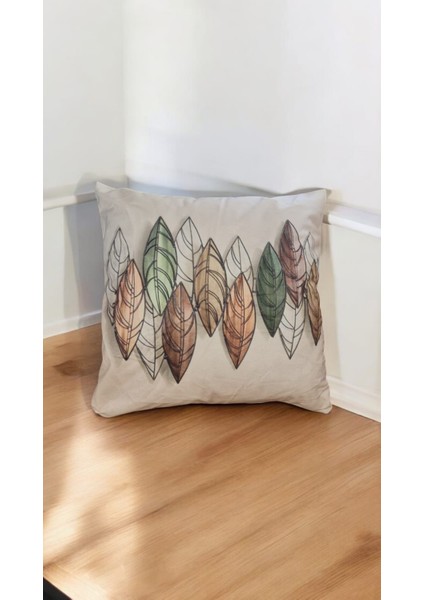 Yaprak Desenli Çift Baskılı Kırlent Kılıfı