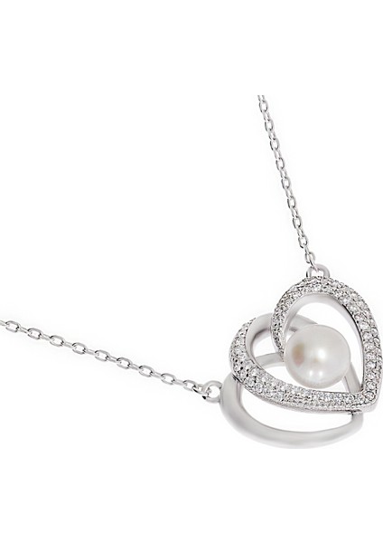 Kadın Kalp Model Taşlı ve Inci Detay Gümüş Kolye