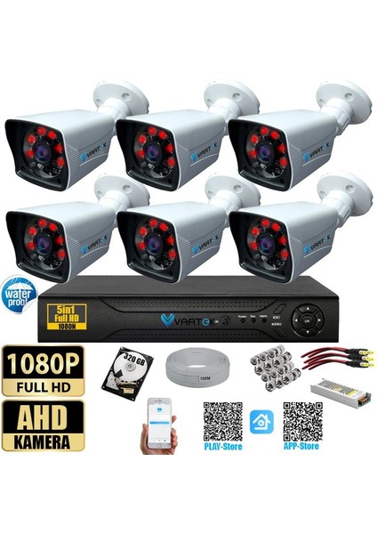 6 Kameralı 5mp Lensli 1080P Fullhd Kamera Seti - Su Gecirmez- Sabit Ip Gerektirmez