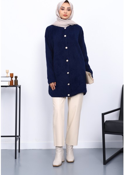 Lacivert Düğmeli Angora Yumoş Triko Hırka