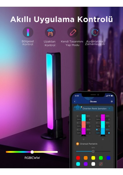 RGBICWW WiFi + Bluetooth Flow Plus Dikey Aydınlatma Uyguluma Üzerinden Kontrol, Çok Renkli modelleri