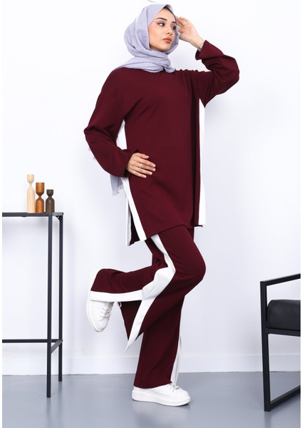 Mürdüm Renk Bloklu Modal Tunik Pantolonlu Takım