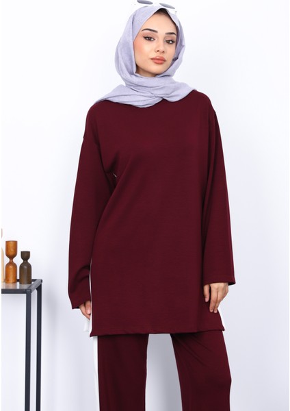 Mürdüm Renk Bloklu Modal Tunik Pantolonlu Takım modelleri