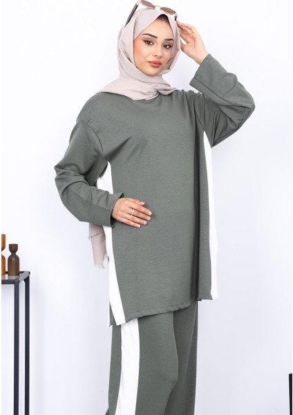 Haki Renk Bloklu Modal Tunik Pantolonlu Takım modelleri