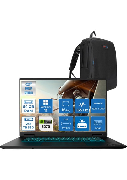 Gıgabyte Gamıng A16CWH Intel® Core™ I7-13620H Ddr5 64GB 2tb Ssd+2tb SSD 16INÇ 8GB/RTX5060 IPS Wuxga (1920X1200) 165Hz, 300NITS WINDOWS11PRO Gaming Laptop WA16CWHP30+ZETTAÇANTA