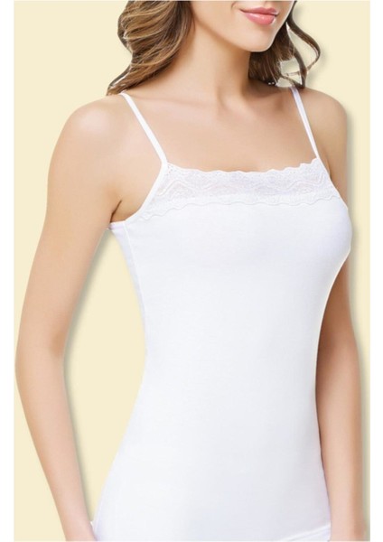 Kadın Beyaz 6'lı Paket Elastan Pamuk Ip Askılı Dantelli Atlet