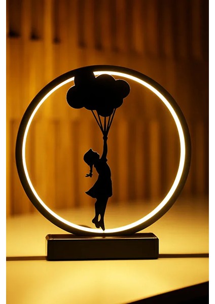Balonla Uçan Kız Figürlü Kablolu LED Masa Lambası – Sanatsal Dekoratif Gece Işığı