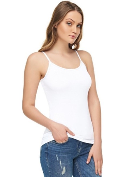 Kadın Beyaz Likralı Modal Ip Askılı Atlet Body