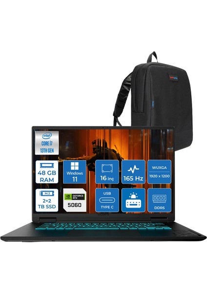 Gıgabyte Gamıng A16CVH Intel® Core™ I7-13620H Ddr5 48GB 2tb Ssd+2tb SSD 16INÇ 8GB/RTX5060 IPS Wuxga (1920X1200) 165Hz, 300NITS WINDOWS11HOME Gaming Laptop WA16CVHH22+ZETTAÇANTA
