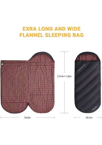 Xl Uyku Tulumu (220 cm x 100 Cm) Kamp 3 Mevsim Flanel Genişletilmiş Pamuk Büyük Beden Yetiş indirimleri