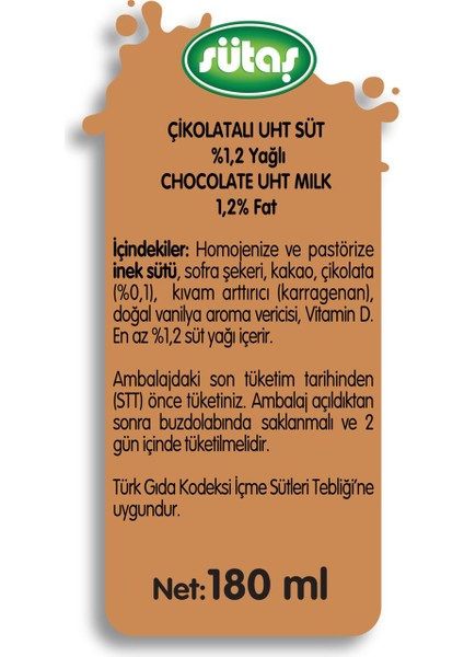 Sütaş Süt Çikolatalı 180 ml x 27 modelleri