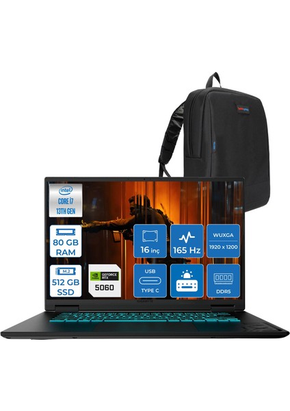 Gıgabyte Gamıng A16CVH Intel® Core™ I7-13620H Ddr5 80GB 512GB SSD 16INÇ 8GB/RTX5060 IPS Wuxga (1920X1200) 165Hz, 300NITS Freedos Gaming Laptop WA16CVHF33+ZETTAÇANTA
