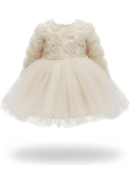 Rosa Ekru Güllü Kız Çocuk Uzun Kollu Elbise