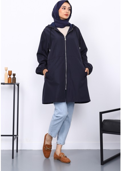 Lacivert Kapüşonlu Arkası Nakışlı Trençkot
