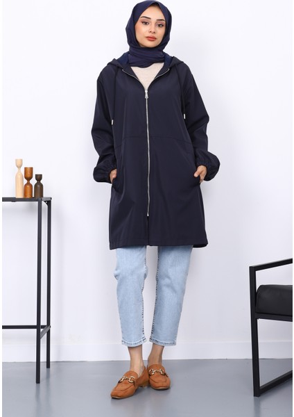 Lacivert Kapüşonlu Arkası Nakışlı Trençkot fiyatları