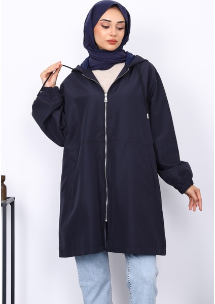 Lacivert Kapüşonlu Arkası Nakışlı Trençkot fırsatları