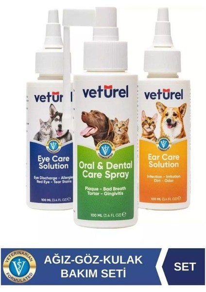 Veturel Kedi ve Köpekler Için Ağız Göz ve Kulak Bakım Spreyi Başlangıç Seti 3X100 ml