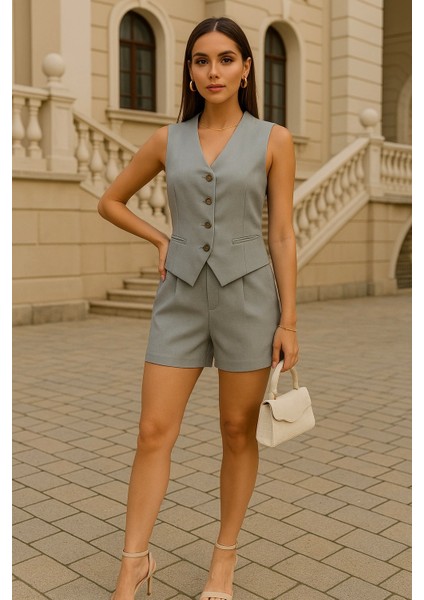 Raffels Yelekli Organik Keten Şortlu Takım