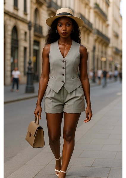 Raffels Yelekli Organik Keten Şortlu Takım