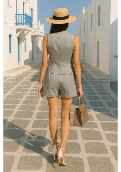 Raffels Yelekli Organik Keten Şortlu Takım