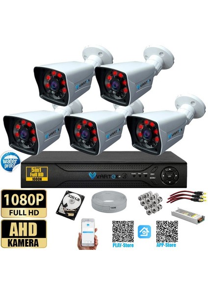 5 Kameralı 5mp Lensli 1080P Fullhd Kamera Seti - Su Gecirmez- Sabit Ip Gerektirmez