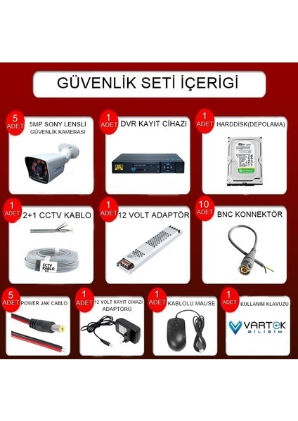 5 Kameralı 5mp Lensli 1080P Fullhd Kamera Seti - Su Gecirmez- Sabit Ip Gerektirmez fırsatları