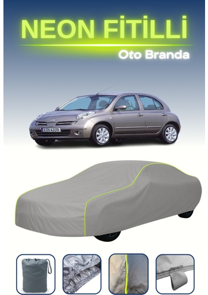 Gri [nissan Micra 5 Kapılı 2005 - 2007] Uyumlu Neon Fitilli Araba Brandası, Su ve Toz Geçirmez