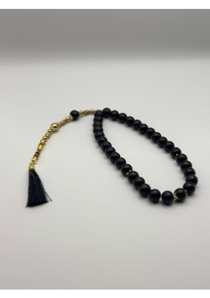 El Yapımı Doğal Siyah Hematit Taş Tesbih – 33’lü, 12MM Boncuk, Altın Detaylı Ay Yıldız Motifli İmame