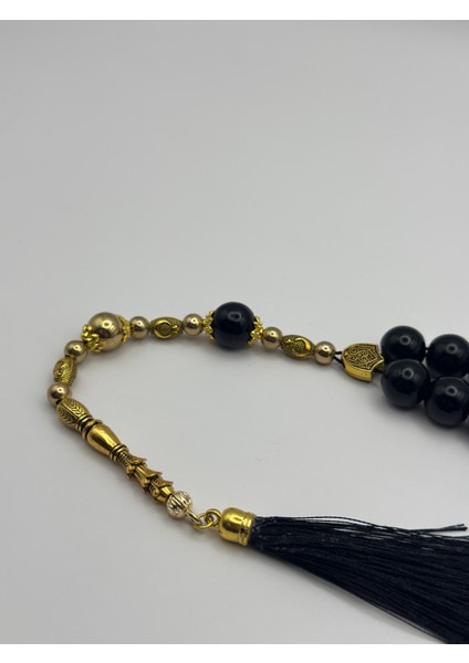 El Yapımı Doğal Siyah Hematit Taş Tesbih – 33’lü, 12MM Boncuk, Altın Detaylı Ay Yıldız Motifli İmame fiyatları