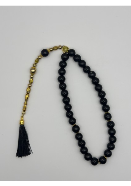 El Yapımı Doğal Siyah Hematit Taş Tesbih – 33’lü, 12MM Boncuk, Altın Detaylı Ay Yıldız Motifli İmame modelleri
