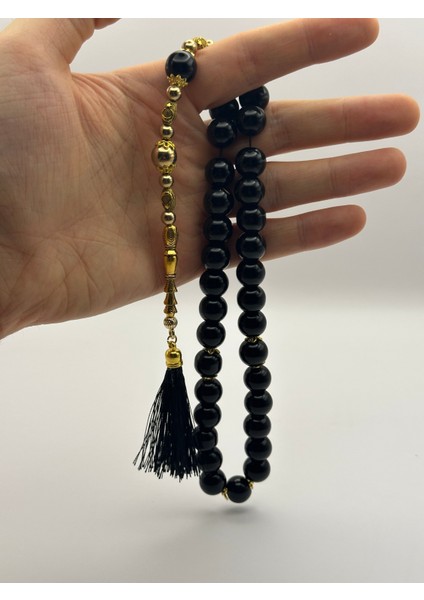 El Yapımı Doğal Siyah Hematit Taş Tesbih – 33’lü, 12MM Boncuk, Altın Detaylı Ay Yıldız Motifli İmame fırsatları