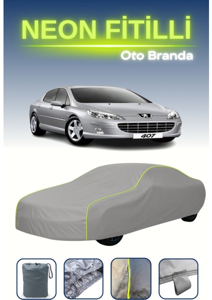 Gri [peugeot 407 2004 - 2010] Uyumlu Neon Fitilli Araba Brandası, Su ve Toz Geçirmez