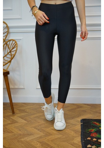 Kadın Siyah Parlak Şardonlu Dalgıç Kumaş, Lastik Bel, Siyah Tayt