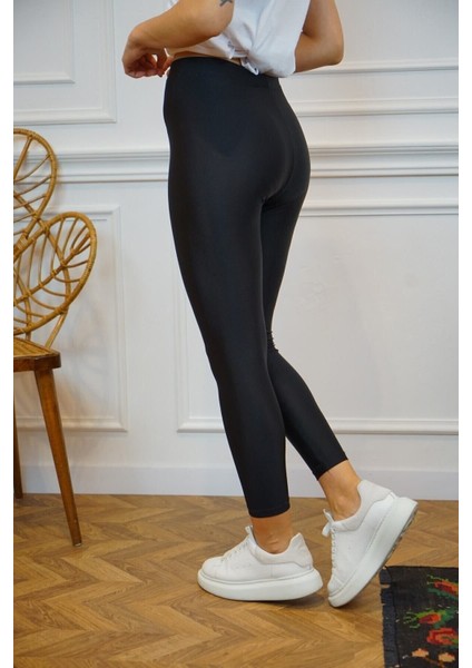 Kadın Siyah Parlak Şardonlu Dalgıç Kumaş, Lastik Bel, Siyah Tayt fiyatları