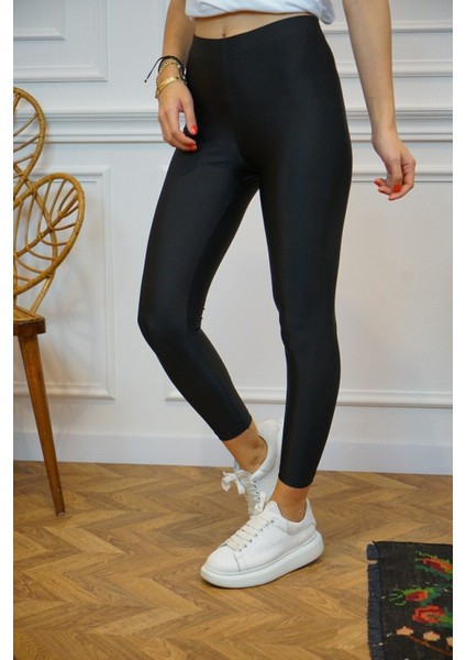 Kadın Siyah Parlak Şardonlu Dalgıç Kumaş, Lastik Bel, Siyah Tayt modelleri