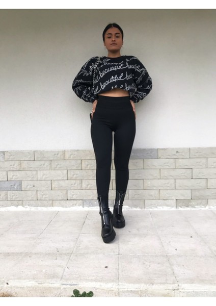 Kadın Siyah Çelik Örme Tayt